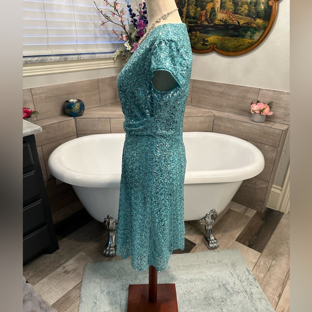 NWT Maggy London Aqua Teal Sequin Asymmetrical Spring Fling Dress 4 - Picture 3 of 12